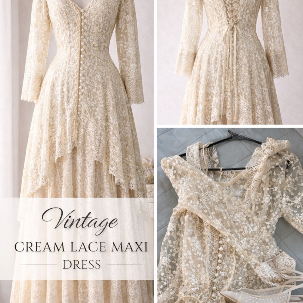 Vintage Cream Lace Maxi Gown with Button Front